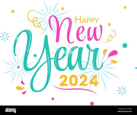 Happy New Year 2024 Celebration Vector Illustration with Trumpet, Fireworks, Ribbons and ...