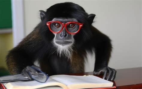 Premium Photo | A monkey with red glasses sits at a desk and reads a book.