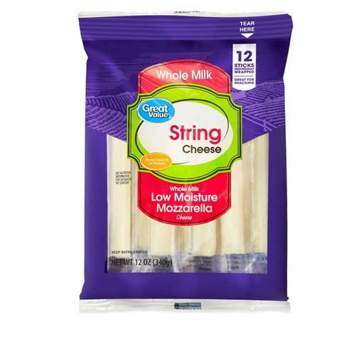 Great Value Whole Milk Low Moisture Mozzarella String Cheese Sticks, 12 Count Bag (Refrigerated ...