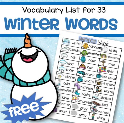 WINTER Vocabulary List 32 Words and Pictures FREE