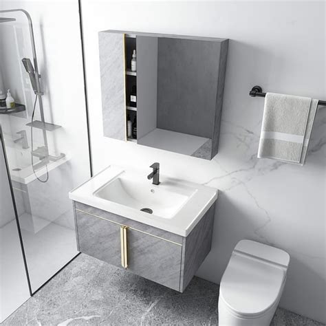 Gray Floating Single Sink 31" Bathroom Vanity Set with Cabinet ...