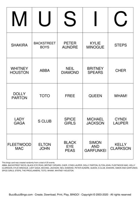 Music Bingo Template