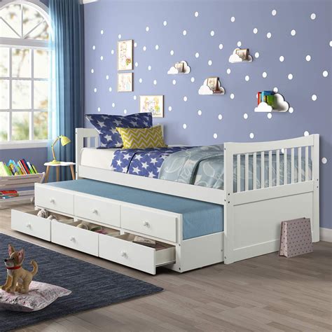 Twin Captain's Bed Storage Daybed with Trundle and Drawers for Kids ...