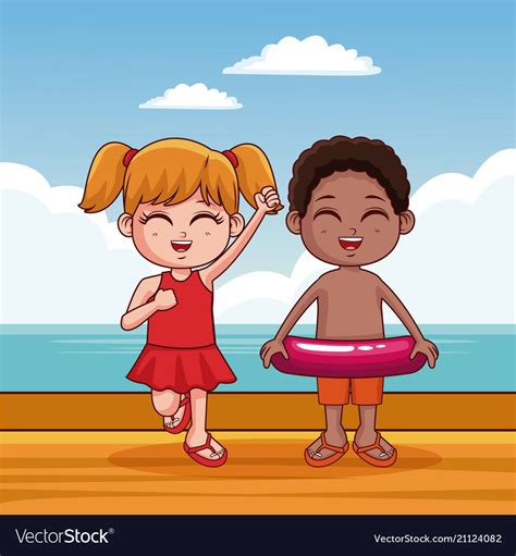 Cute kids at beach cartoon Royalty Free Vector Image