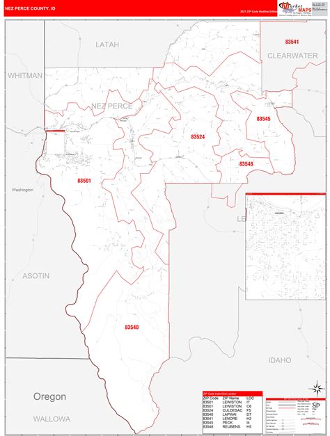 Nez Perce County, ID Zip Code Wall Map Red Line Style by MarketMAPS