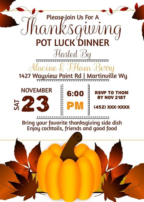 Thanksgiving Potluck Dinner Invitations, Thanksgiving Dinner Invitation, Editable Thanksgiving ...