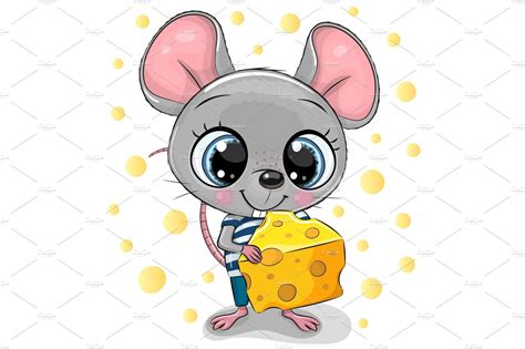 Cute Cartoon Mouse with cheese | Vector Graphics ~ Creative Market