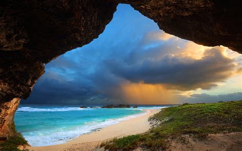 Storm Clouds Over a Beach, beach, nature, sea cave, clouds, HD ...