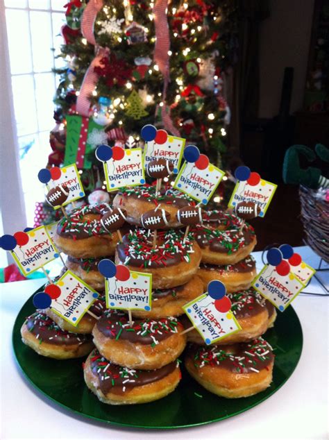 Doughnut Birthday Cake Made using 2 dozen Krispy Kreme doughnuts Doughnut Party, Doughnut Cake ...