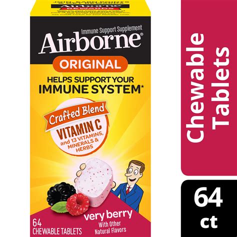 Airborne Very Berry Chewable Tablets, 64 count - 1000mg of Vitamin C - Immune Support Supplement ...