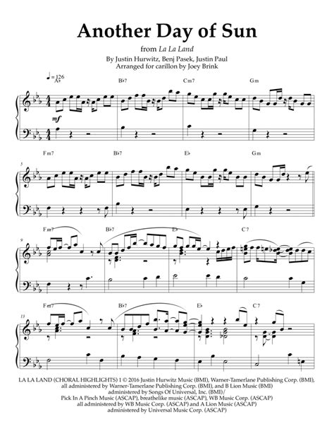 Another Day Of Sun (arr. Joey Brink) by Justin Hurwitz Sheet Music for ...