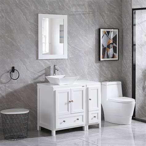 Wonline 36" White Bathroom Vanity Cabinet and Ceramic Vessel Sink, Equipped with Chrome Faucet ...