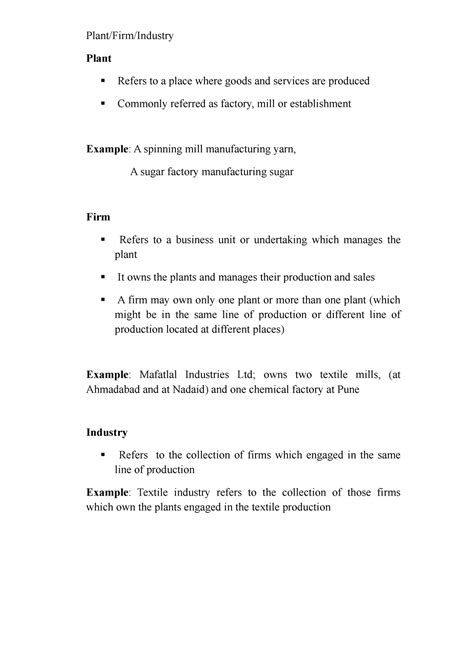 Plant - Plant/Firm/Industry Plant Refers to a place where goods and services are produced - Studocu