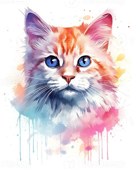 Watercolor painting Colorful Cat Face is shown White Background ...