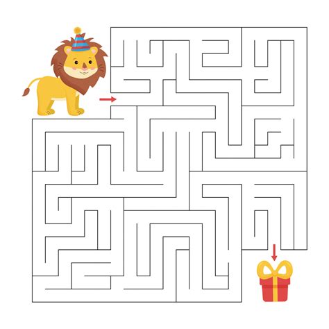 Educational maze game for children. Help the lion find way to gift. Happy birthday printable ...