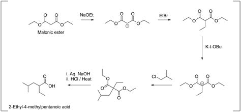 Malonic ester (diethyl malonate) is treated successively with sodium ethoxide (1 eq.), ethyl ...