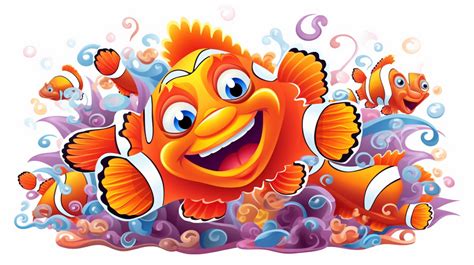 Brightly Colorful Cartoon Clown Fish and Waves clip art. Image ...