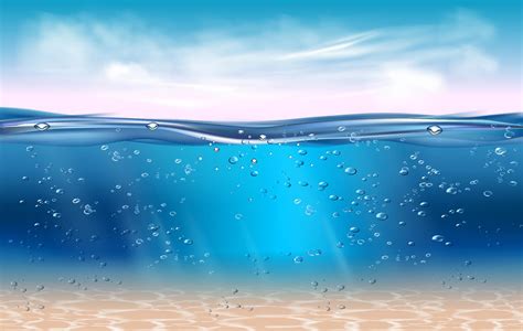 Realistic underwater background. Ocean deep water, sea under water level, sun rays blue wave ...