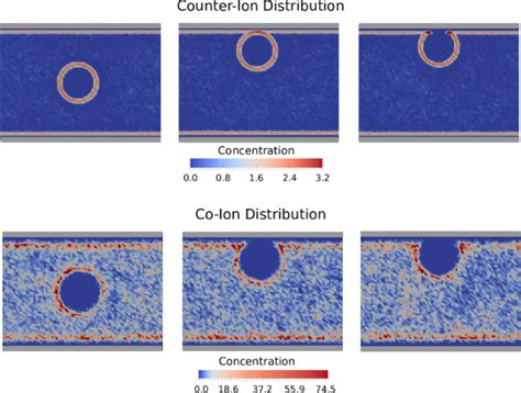 Average concentration of counterions (top) and coions (bottom) as the ...