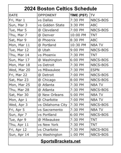 2024 Boston Celtics TV Schedule - Sports Brackets