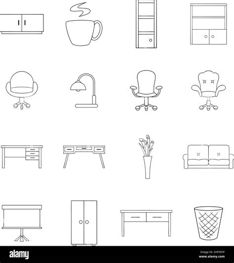 Office furniture interior set icons in outline style isolated on white background Stock Vector ...