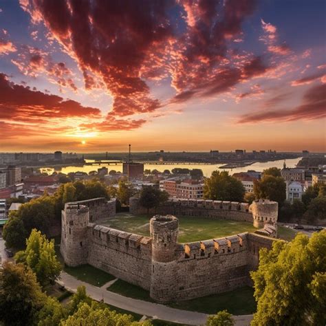 Premium AI Image | Panoramic view of Belgrade Fortress and Kalemegdan Park at sunset