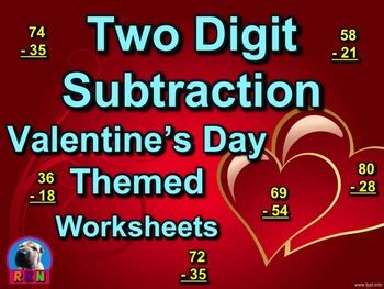 Two Digit Subtraction Worksheets - Valentine's Day Themed - Vertical