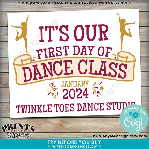 First Day of Dance Class Sign, Editable 1st Day of Modern Dance, Custom ...