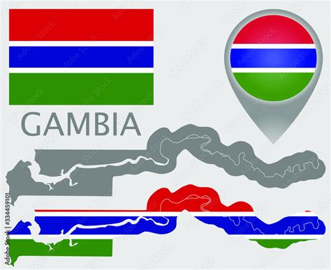 Colorful flag, map pointer, map of Gambia in the colors of the gambian flag and blank map. High ...