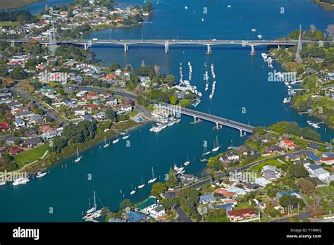 Bridges across Tamaki River between Pakuranga and Panmure, Auckland Stock Photo, Royalty Free ...