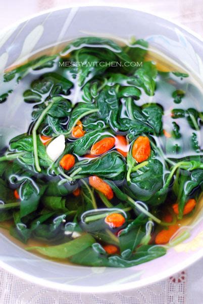 Chinese Spinach Soup With Wolfberries And Garlic - Messy Witchen