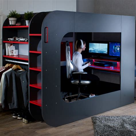 PodBed High Sleeper Small Double Gaming Bed with Built-In Desk & Open – Family Window