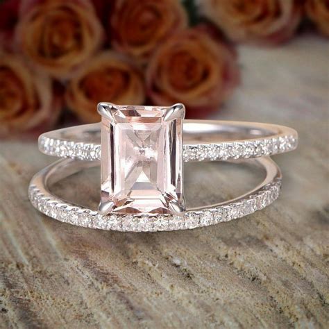 JeenJewels - 1.5 Carat Peach Pink Emerald Cut Morganite Diamond Engagement Ring Wedding Bridal ...