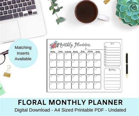 A4 Floral Monthly Planner Printable Month to View Planner - Etsy