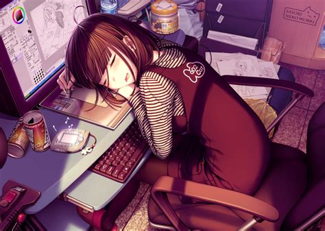 Anime Girl Sleeping at Computer - 4K Ultra HD Wallpaper by sayori