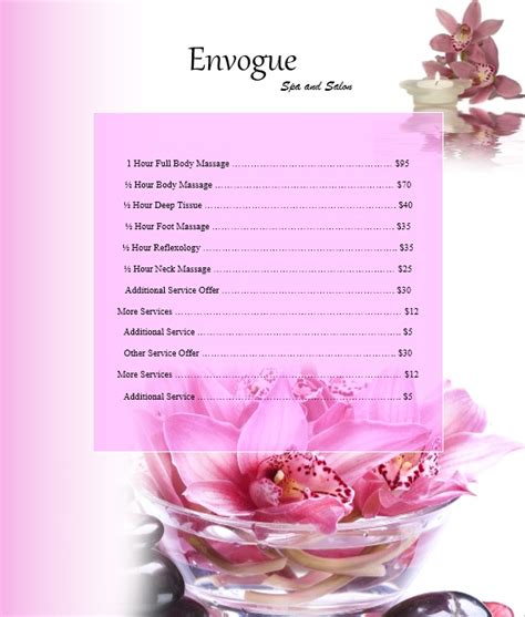 10 Free Sample Spa Price List Templates - Printable Samples