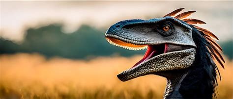 Premium AI Image | Feathered utahraptor headshot in a field