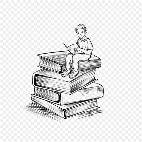 Sketch Boy Sitting On Pile Of Books And Reading Books, Book Drawing, Boy, Stack Of Books PNG ...