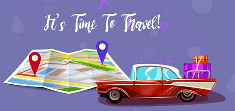 Road trip with map. Vacation elements. It’s Time to Travel text. Cartoon design vector ...