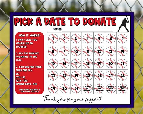 Baseball Calendar Fundraiser, Pick a Date to Donate Printable, Baseball Fundraiser Template - Etsy