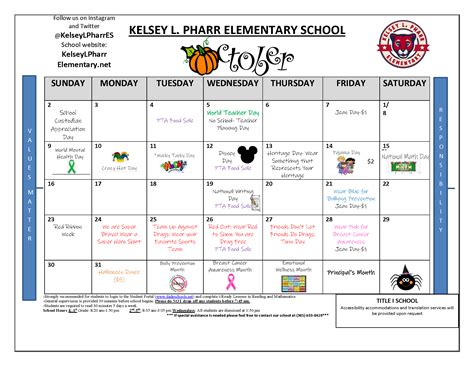 Monthly Activities Calendar – Kelsey L. Pharr Elementary