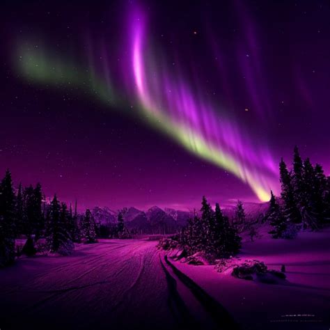 a purple aurora borealis, snowy night, photorealistic, | Midjourney