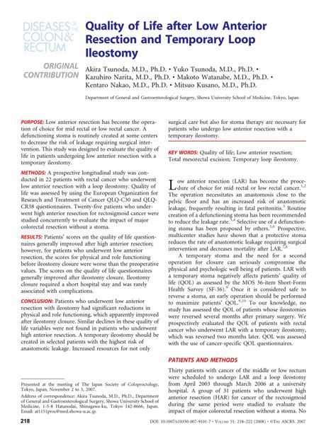 (PDF) Quality of Life after Low Anterior Resection and Temporary Loop Ileostomy