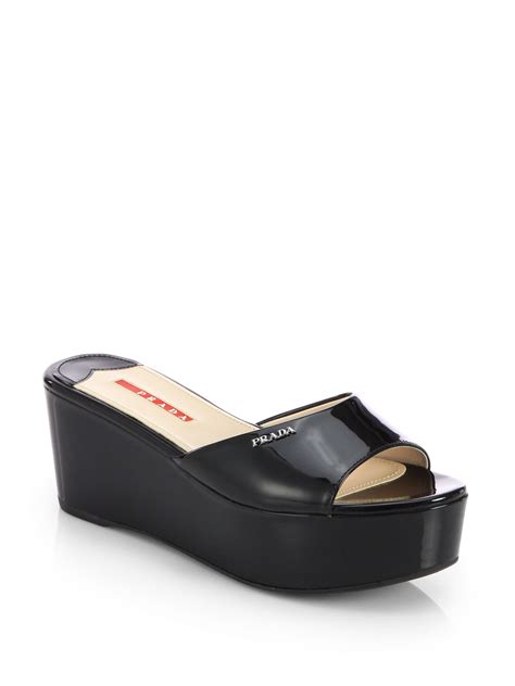 Lyst - Prada Patent Leather Platform Slides in Black