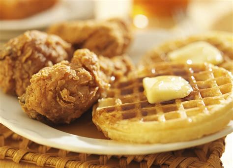 Belgian waffles and herby fried chicken with chipotle syrup