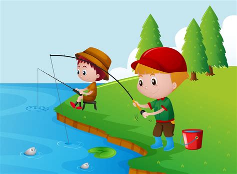 Two boys fishing by the river 369794 Vector Art at Vecteezy