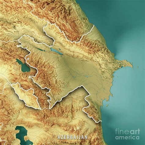 Azerbaijan 3D Render Topographic Map Color Border Digital Art by Frank ...