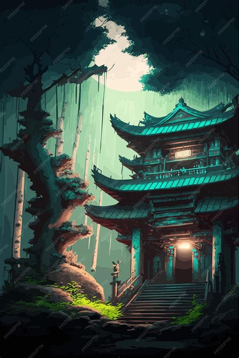 Premium Vector | An ancient temple in the night enchanted forest ...