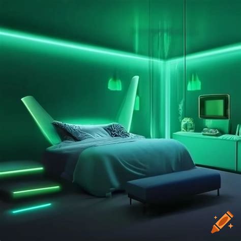 Futuristic bedroom with green lighting on Craiyon