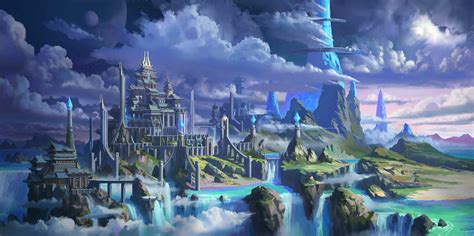 waterfall, castle, digital art, Ming Bin Hong, clouds, fantasy architecture, Asian architecture ...